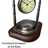 Antique Brass Desk Clock with Compass, Victoria London 1876 Analog Vintage Table Clock on Wooden Base