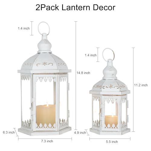 Lanterns Decorative Outdoor&Indoor, Set of 2 (15"&11") White Metal Lantern Decor with Glass, Candle Holder for Porch, Patio, Garden, Balcony, Wedding, Table Centerpiece