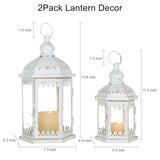 Lanterns Decorative Outdoor&Indoor, Set of 2 (15"&11") White Metal Lantern Decor with Glass, Candle Holder for Porch, Patio, Garden, Balcony, Wedding, Table Centerpiece