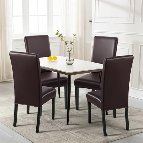 SearchI Waterproof PU Leather Dining Chair Covers Set of 6, Stretch Oilproof Parsons Chair Slipcovers Removable Washable Kitchen Chair Protector for Dining Room (Deep Brown)