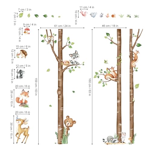 decalmile Large Birch Tree Forest Animals Wall Stickers Bear Rabbit Fox Deer Wall Decals Baby Nursery Toddler Bedroom Living Room Wall Decor(H: 63inches/ 160cm)