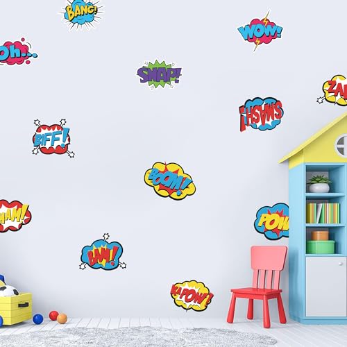 Superhero Comic Words Wall Decals - 12 Pack Action Sound Effects Stickers Peel and Stick Vinyl, Waterproof & Durable, Perfect for Kids' Room, Playroom, Nursery, Game Room, or Office Decor (1)