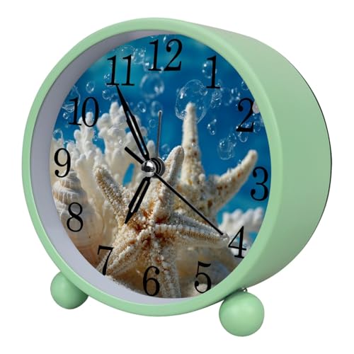 Underwater Ocean Coral and Starfish Silent Analog Alarm Clock with Light, Easy to Set Gentle Wake Bedside Table Clock, Battery-Operated, Suitable for Home, Dorm, Office Desk, (Green, 4.3 Inch)