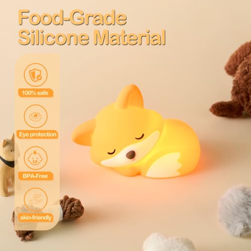 Fox Night Light, LED Squishy Novelty Animal Lamp, Food Grade Silicone, 2 Level Dimmable, Nursery Nightlight for Desk Decor, Funny Gifts Stuff for Boys Girls Baby, White Elephant Gifts
