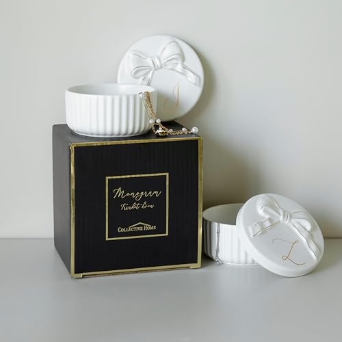 COLLECTIVE HOME Monogram Ceramic Jewelry Box with Bow - Small Jewelry Dish, Elegant Birthday, Graduation, Christmas & Women's Day Gifts (A)