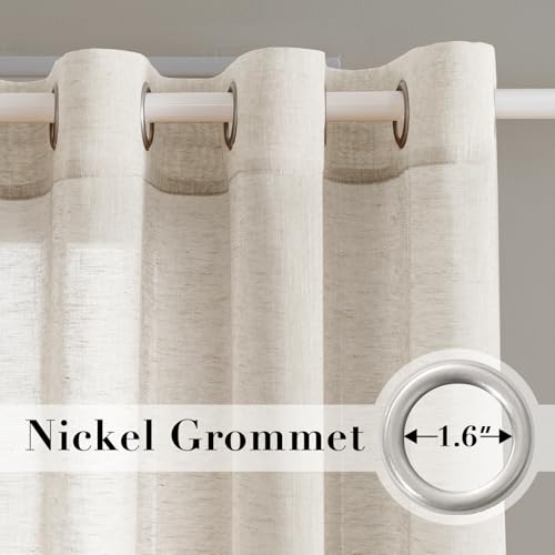 H.VERSAILTEX Natural Linen Sheer Curtains Flax Linen Blended Curtain Panels Living Room, Nickel Grommet Semitransparent Semi-Sheer Soft Privacy Drapes, Natural, 84 inches Long 2 Panels