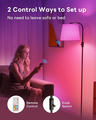 LED Arc Floor Lamp for Living Room, 65" with Magnetic Remote, RGB Color-Changing, 1600K Amber & 4000K Daylight, 0.1%-100% Dimmable, 1200lm, 350° Swivel Woven Linen Shade, Sofa & Reading Lamp