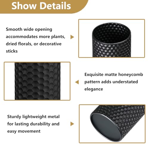 Black Tall Floor Vase - Set of 3 Extra Large Metal Decorative Vases for Living Room, 27.6" Long Modern Honeycomb Texture Big Cylinder Standing Corner Decor for Home Dining Bedroom Pampas Grass