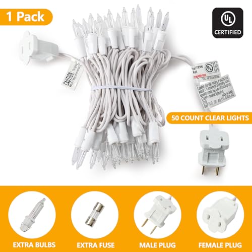Christmas Lights Clear White 50 Count, 13ft Incandescent Mini String Lights Plug in Warm White with White Wire for Mantle Christmas Tree Indoor Outdoor Xmas Wedding Party Decorations