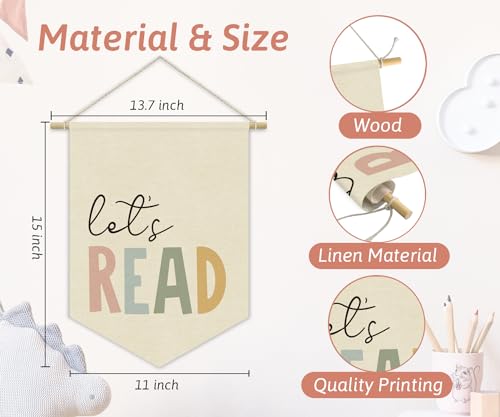 Reading Corner Decor, Let's Read Sign Kids Room Wall Canvas Banner, Library Boho Classroom Bookshelf Hanging Pennant Flag, 15x11in