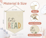 Reading Corner Decor, Let's Read Sign Kids Room Wall Canvas Banner, Library Boho Classroom Bookshelf Hanging Pennant Flag, 15x11in