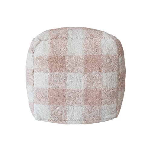Creative Co-Op Cotton Tufted Pouf with Plaid Pattern, Blush and Cream