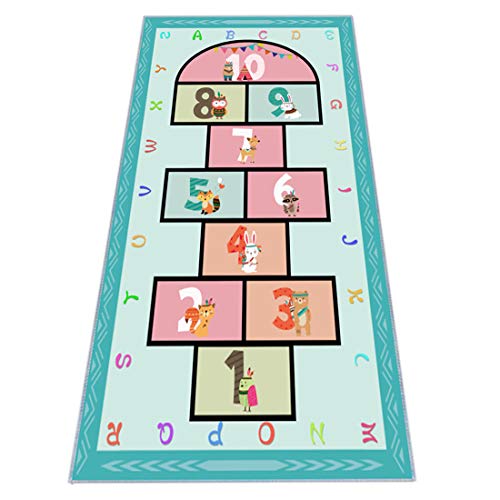Hopscotch Rug 63”x31, Hop and Count Game Rug with Colorful Alphabet and Animals Design Anti-Slip Kids Play Mat, Soft Floor Area Rug & Carpet Playroom Bedroom Living Room