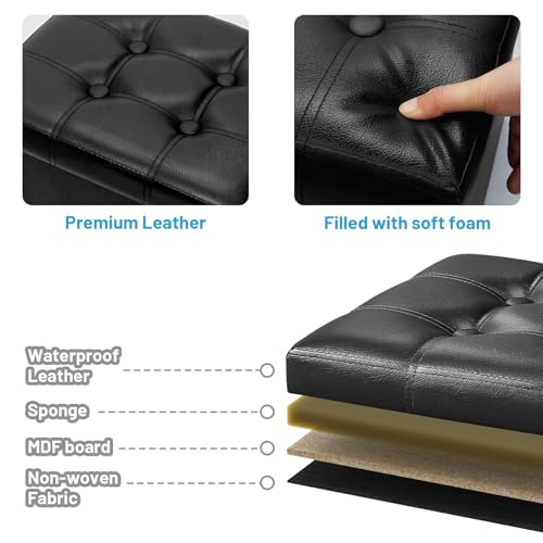 Bsketa Storage Ottoman Bench, 16" Folding Leather Foot Rest, Black 2 Pack