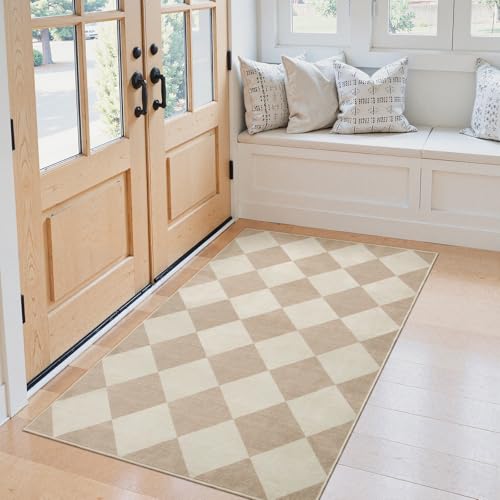 Checkered Print 3x5 Washable Area Rug for Bedroom, Non Slip Ultra Thin Beige Entryway Rug Non Shedding Kitchen Rug 3x5, Modern Checkerboard Carpet Plaid Decor for Bathroom Office Nursery