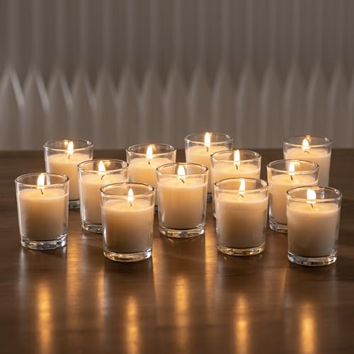 Housecret 60 Pack Warm White Unscented Clear Glass Filled Votive Candles. Hand Poured Wax Candle Ideal Gifts for Aromatherapy Spa Weddings Birthdays Holidays Party