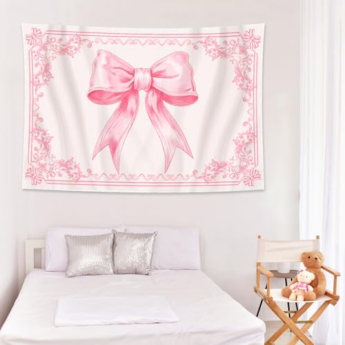 HunnmingRe 60" x 40" Pink Tapestry Coquette Pink Aesthetic Bedroom Hanging Wall Art Preppy Tapestry Decor Kit Cute Room Decoration for Women Girls Room Dorm Apartment(Bow)