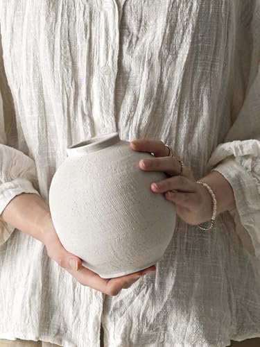 Small White Ceramic Vase - 6.3 Inch Rustic Farmhouse Flower Vase for Home Decor, Minimalist Vases for Living Room, Table, Bathroom, Holiday & Weddings (Sandstone White)