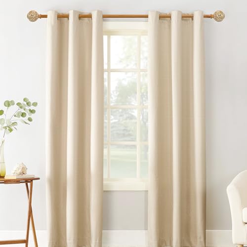 1 Inch Wood Curtain Rod For Windows 48 to 84 Inches, Heavy-Duty Adjustable Decorative Imitation Wood Grain Boho Curtain Rod With Rattan Leaf Hollow Finials For Bedroom 、 Living Room and Famhouse