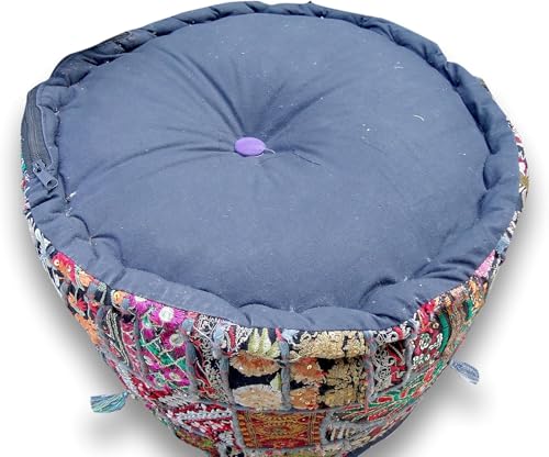 Sophia-Art Indian Embroidered Patchwork Cover Decorative Pouf Indian Comfortable Floor Cotton Cushion Ottoman Pouf,Indian Designs Ethnic Patchwork Pouf (Blue, 18"x13")