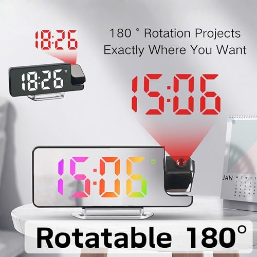 Alarm Clock with Projection on Ceiling, Smart Digital Alarm, for Bedrooms, Classroom, Office, Large LED Display, 180° Rotatable Projector, 3-Level Dimmer, Loud Dual,12/24H, Temperature Display