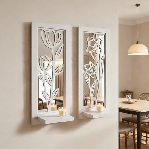 ZEXUIRU 2 Set Rustic Candle Sconces Living Room Bedroom Entryway Wood Mirrored, Farmhouse, Carved Frame Wall-Mount Wooden Candle Holders Wall Decor Hanging Handmade Holder - Distressed White