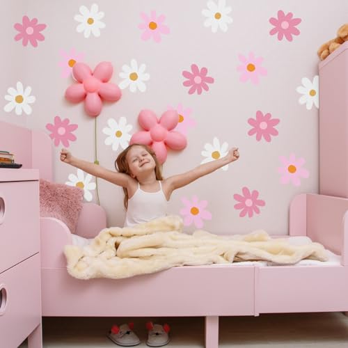 BBTO Daisy Wall Decal Flower Vinyl Wall Floral Decals Peel and Stick Daisy Stickers for Kids Nursery Art Bedroom Living Room(Pink, White)