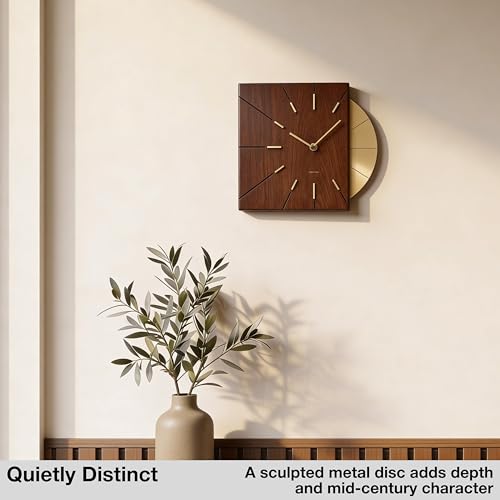 Driini Clocks Mid Century Modern Wall Clock - Square Wood Clock with Decorative Gold Accent- Unique and Cool Clock, Battery Operated - MCM Decor & Decorative Wall Clock for Mid Century Modern Decor.