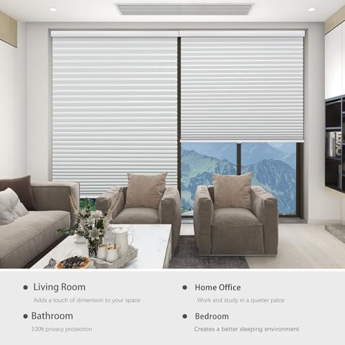Changshade Cordless Cellular Shades, Blackout Room Darkening Black Out Honeycomb Blinds for Indoor Windows Bedroom, Pull Down Pleated Accordion Blind Easy Install, Shade Size 34" Wx72 H, White