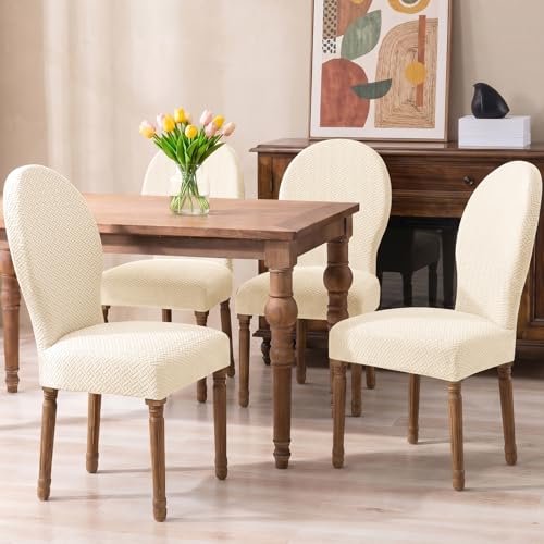 Jacquard Dining Chair Covers Set of 4, Stretch Round Back Chair Cover for Dining Room French Country Dining Chairs Slipcovers for Home Kitchen Hotel Banquet, Beige
