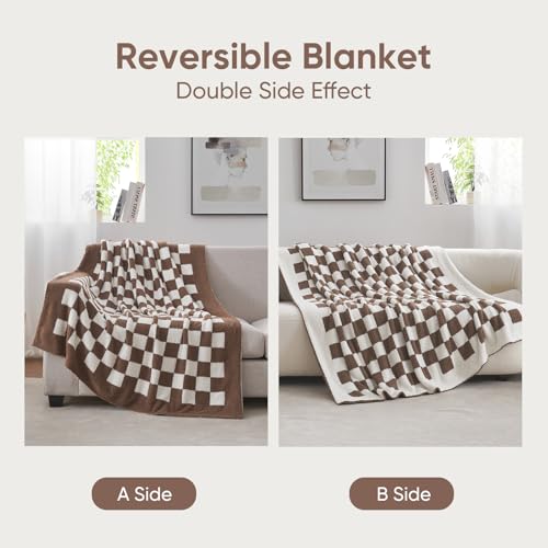 Snuggle Sac Checkered Throw Blanket for Couch, Super Soft, Cozy Warm Knit Blankets, Reversible Plaid Fluffy Throws for Sofa, Bed, Checkered Brown, 50x60 Inches