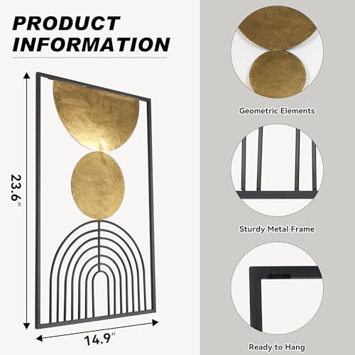 Abstract Geometric Wall Decor Set, Gold and Black Metal Wall Art with Circular and Linear Designs, 2 Piece Framed Modern Wall Sculpture