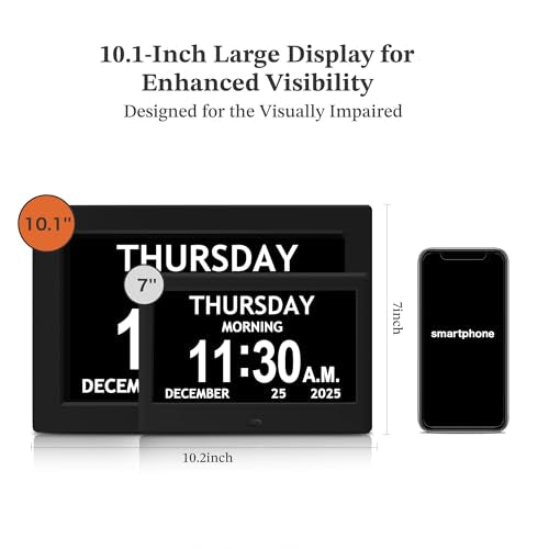 7" Black& 10.1" Black Dementia Clock Set (2-Pack) - Large Digital Display with Date/Time, Auto Dimming, 6 Alarms, Remote Control