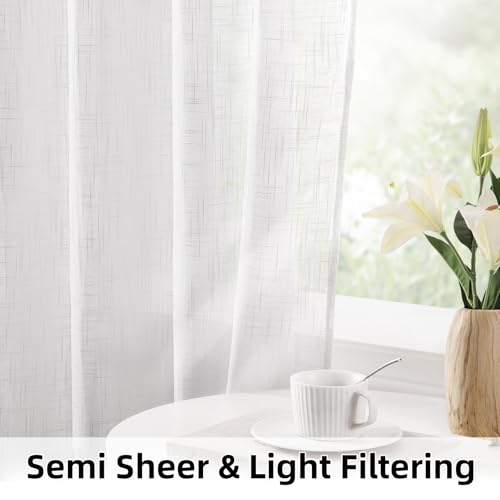 HOMEIDEAS White Linen Sheer Curtains, Linen Textured Semi Sheer Curtains 84 Inches Long, Farmhouse Light Filtering Window Drapes for Bedroom Living Room, 2 Panels, W52 x L84