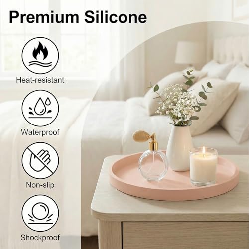 Round Pink Silicone Decorative Bathroom Vanity Tray 9 Inch, Counter Tray for Bathroom Countertop Perfume Holder Dresser Organizer Coffee Table Candle, Non-Slip Durable for Home Use