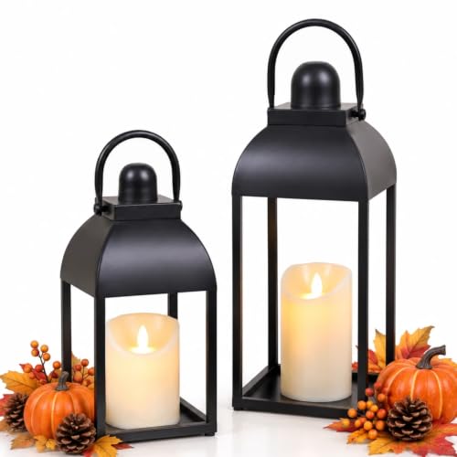 Lanterns Decorative Indoor 15" 11" Set of 2 Black Metal Lantern with Candle