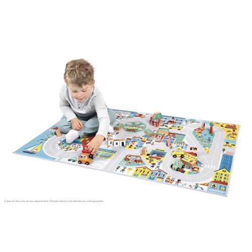 Janod - Children's Car Rug - City Theme - Soft & Non-Slip - Urban Pattern - Play Rug for Girls & Boys' Bedrooms - 120 x 78cm - Hand Washable - from 2 Years Old - J05910