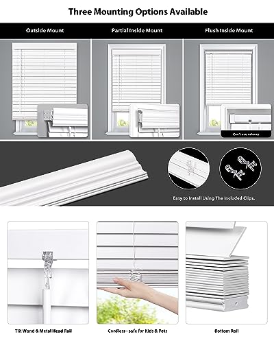 LazBlinds 2-inch Cordless Faux Wood Blinds with Royal Valance, Room Darkening Horizontal Window Blinds, Inside Mount Blinds for Windows - Fit for Window 34.625" W x 36" H - White