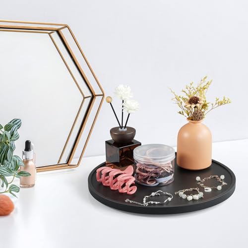 12 Inch Wood Round Tray, Wooden Decorative Bathroom Coffee Table Tray Centerpiece Candle Holder for Black Kitchen Dining Room Home Decor Coffee Table Decor and Accessories