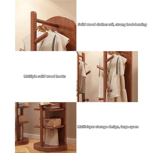 Floor-Standing Solid Wood Rotating Coat Rack，360° Rotating Full Length Mirror with Coat Rack - 2 in 1 Solid Wood Floor Mirror for Bedroom & Living Room, Stylish Space-Saving Design, Function
