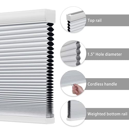 Changshade Cordless Cellular Shades, Blackout Room Darkening Black Out Honeycomb Blinds for Indoor Windows Bedroom, Pull Down Pleated Accordion Blind Easy Install, Shade Size 34" Wx72 H, White