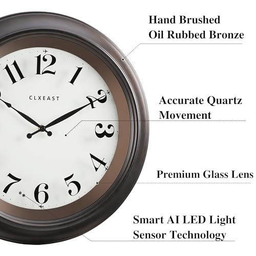 CLXEAST 18 Inch Large Illuminated Wall Clock with AI Smart Night Light Sensor,Modern Farmhouse Wall Clocks for Living Room,Bedroom, Kitchen, Home Office,Oil Rubbed Bronze Black