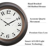CLXEAST 18 Inch Large Illuminated Wall Clock with AI Smart Night Light Sensor,Modern Farmhouse Wall Clocks for Living Room,Bedroom, Kitchen, Home Office,Oil Rubbed Bronze Black