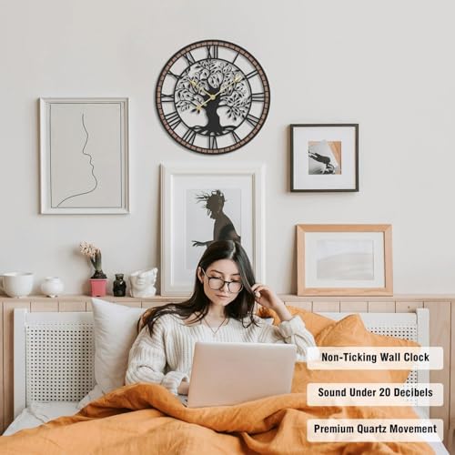 Micasso Wall Clocks Battery Operated: 21Inch Farmhouse Tree of Life Metal with Wood Frame - Rustic Roman Numerals Clock for Bedroom/Home Office/Living Room - Home Decor for Trendy Fashionistas