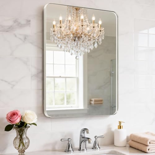 24X28 Inch Brushed Nickel Bathroom Mirror for Wall, Brushed Silver Metal Framed Mirror, Rounded Rectangle Silver Bathroom Mirrors, Tempered Glass