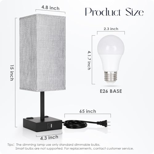Bedside Table Lamps Set of 2 - Touch Nightstand Lamp for Bedroom with USB C+A Charging Ports & AC Outlets, 3-Way Dimmable Desk Lamp Grey Fabric Shade for Bedroom Living Room, Office(Bulb Included)