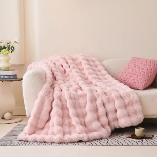 Comelady Soft Fluffy Faux Fur Throw Blanket 50"x60", Plush Thick Bubble Textured Blanket for Couch Bed, Cozy Fuzzy Luxury Room Decor & Warm Gifts for Women Girls, Light Pink