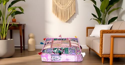 CRAFT KALA Indian Square Patchwork Traditional Pouf Cover Indian Living Room Poufs Decorative Embroidered Designer Ottoman Home Living Footstool Chair Cover Decor Pillow Cover 18x18x5 inches Baby Pink