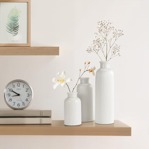 Small White Ceramic Vase Set of 3, Boho Modern White Flower Vase Room Decor, Farmhouse Decor, Vases for Your Kitchen, Bathroom, Bedroom, Living Room, Office&Shelf Centerpiece Table Decorations
