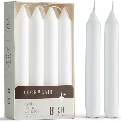 Leor & Lair 6 Inch Short Taper Candles – Pack of 8 White Candlesticks – Unscented Short Candle Sticks with Cotton Wick – 5 Hour Burn Small Taper Candles for Christmas, Weddings, Dinner